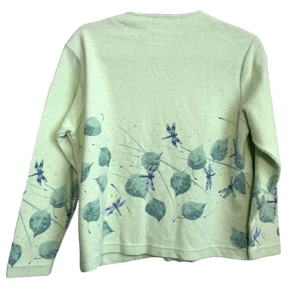 Vintage Art to Wear Dragonfly Cardigan S Sage Green Botanical Print Nature Retro - Picture 4 of 10